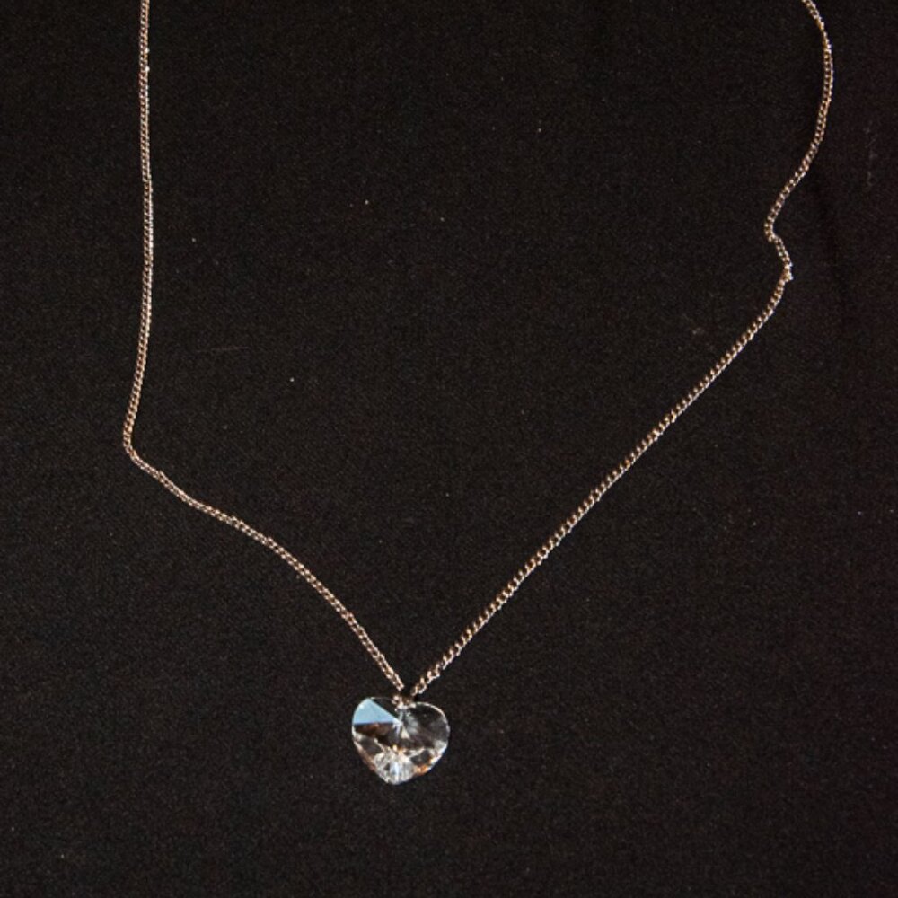 Vintage Glass Crystal heart Pendant on Silver tone chain